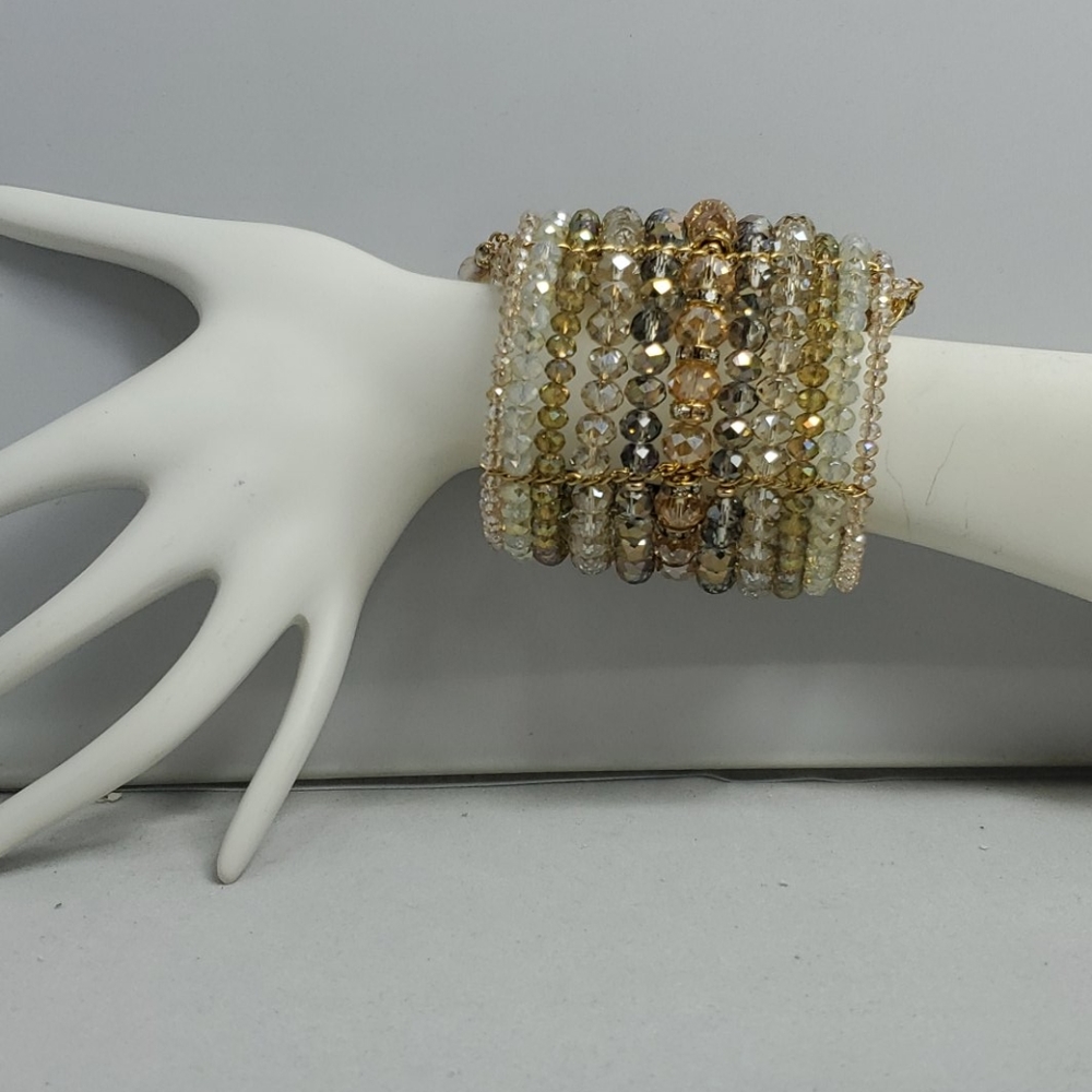 Ali Khan 11-Row Beaded Champagne Crystal Statement Cuff Bracelet – 3" Diameter